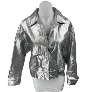 NIA Women's Silver Metallic Collared Long Sleeve Button Up Coat Jacket Size S